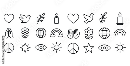 Minimalist peace and harmony icons with hearts, doves, candles,
