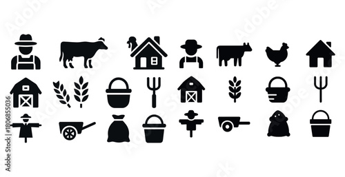 Set of black farm and agriculture icons: farmer, livestock, tool
