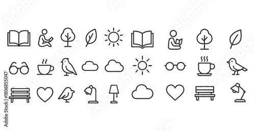 Minimalist icon set featuring nature, reading, and relaxation th