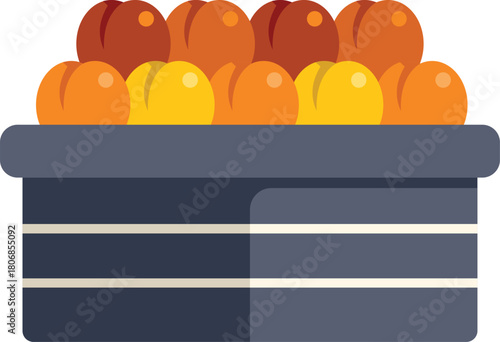 Ripe apricots and peaches piled high in a grey market stall basket, ready for sale