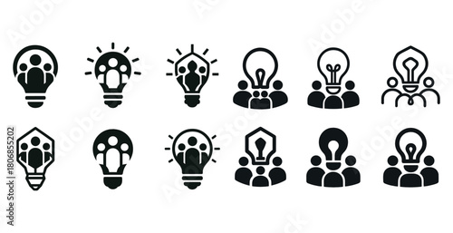 Black and white light bulb icons with people representing teamwo