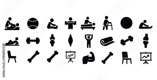 Icon set illustrating physical therapy, exercise, and rehabilita