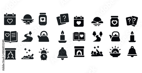 Black silhouette icons: calendar, sunset, candle, tea, bell, fir