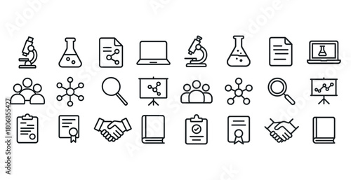 Science and education icons set featuring microscope, laptop, an