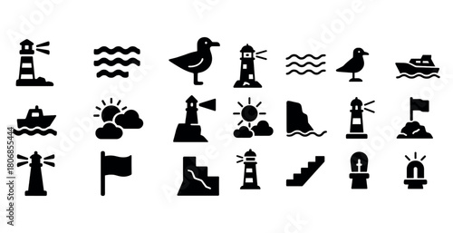 Nautical icons set: lighthouse, waves, seagull, ship, sun, flag