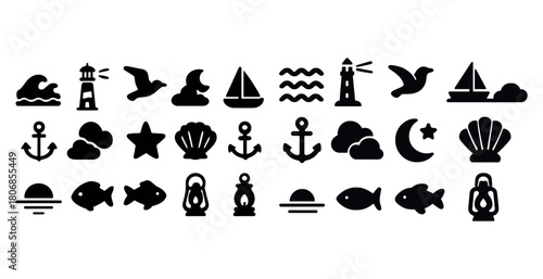 Set of nautical and marine icons: lighthouse, anchor, fish, sail