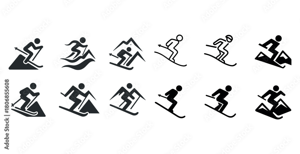 Naklejka premium Set of skiing icons: silhouette skiers and snowy mountain graphi