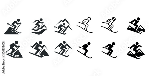 Set of skiing icons: silhouette skiers and snowy mountain graphi