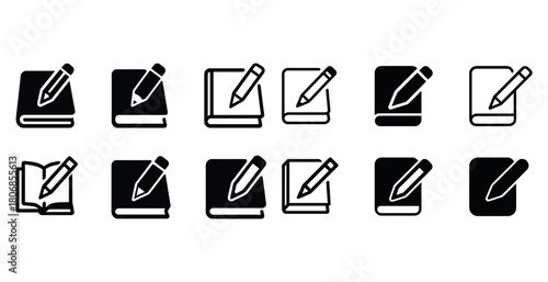 Vector set of book and pencil icons in various styles