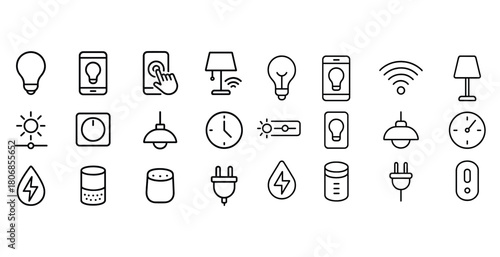 Smart home icon set featuring light bulbs, lamps, wifi, clocks,
