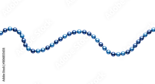 Blue Pearl Garland PNG. Wavy string of shimmering blue decorative pearls, isolated for elegant holiday decor, crafts and festive design elements. Christmas pearls garland top view flat lay PNG