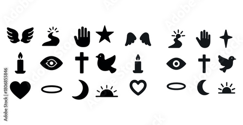Set of spiritual symbols: wings, hands, stars, cross, dove, eye,