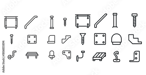 Minimalist black line icons of industrial connectors and fastene