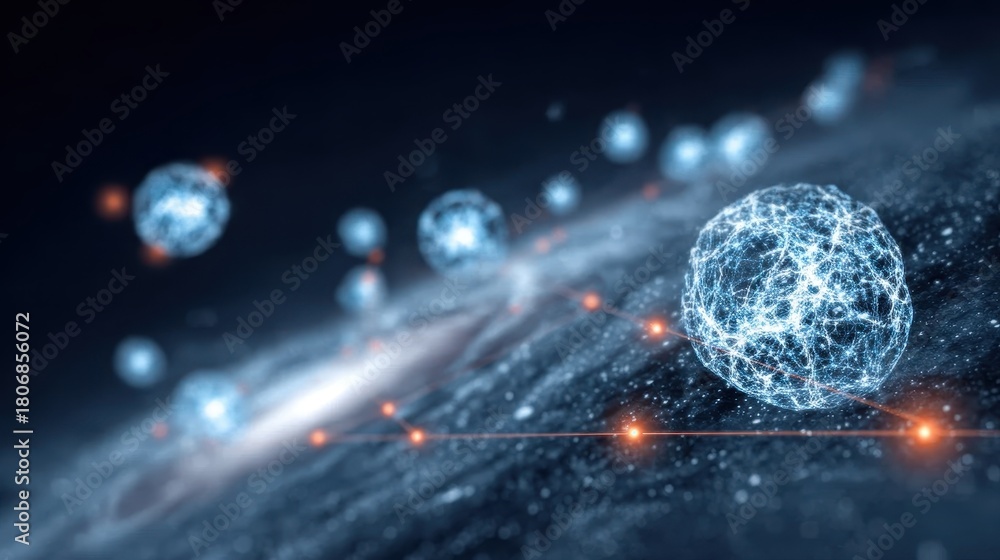 Fototapeta premium A distant galaxy with tissue filaments and organ spheres, evolution studied through physics, satellite transmitting the cosmic solution