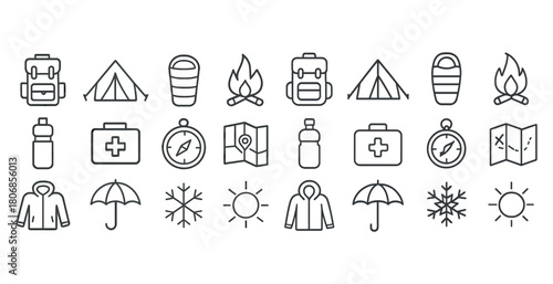 Camping icons set: backpack, tent, sleeping bag, fire, compass,