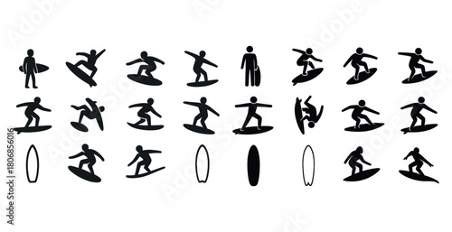 Set of surfing silhouettes and icons showcasing various surfing
