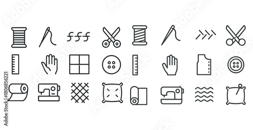 Sewing icon set: tools, accessories, and patterns for craft enth