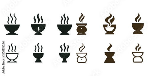 Set of twelve aromatic coffee and tea cup silhouettes with steam
