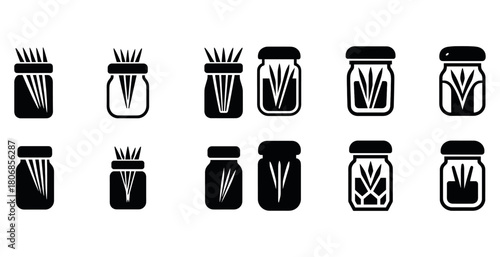 Set of simple black icons of jars with grass or plant elements