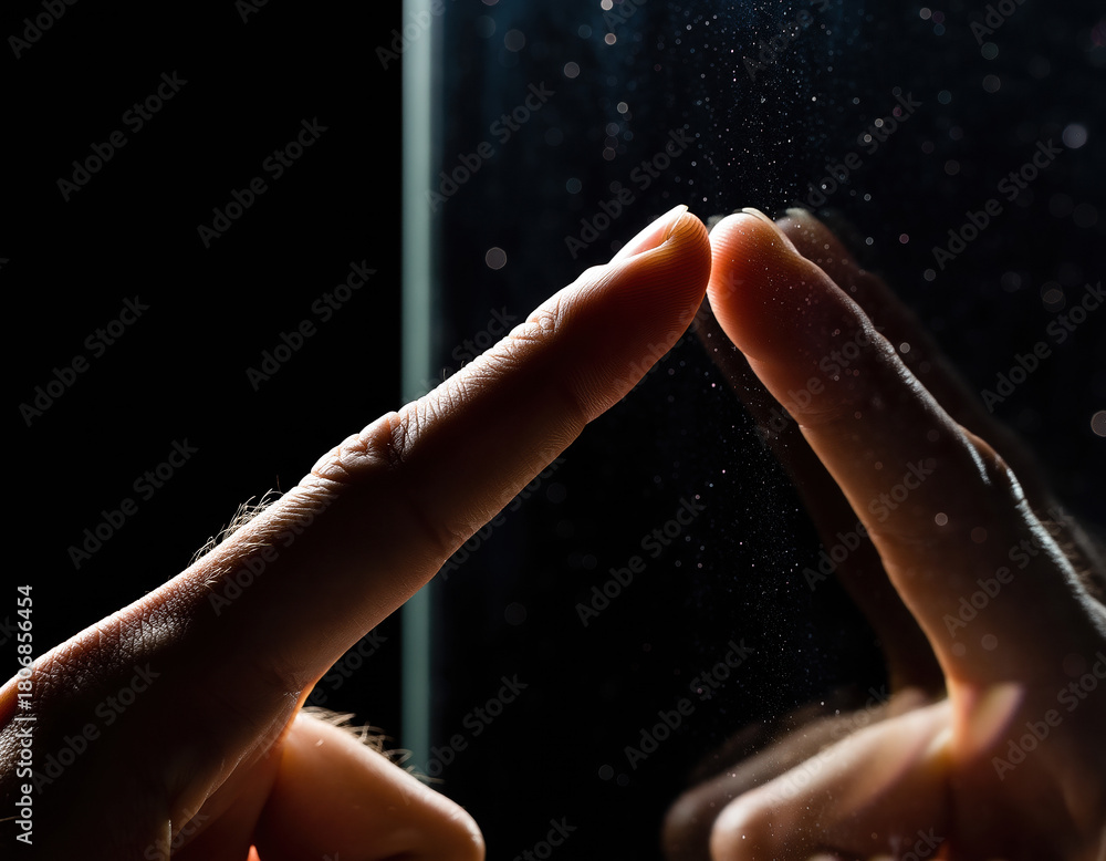 Fototapeta premium Finger touching an invisible glass screen, creating a press gesture, side view of the finger, macro detail, isolated on black background