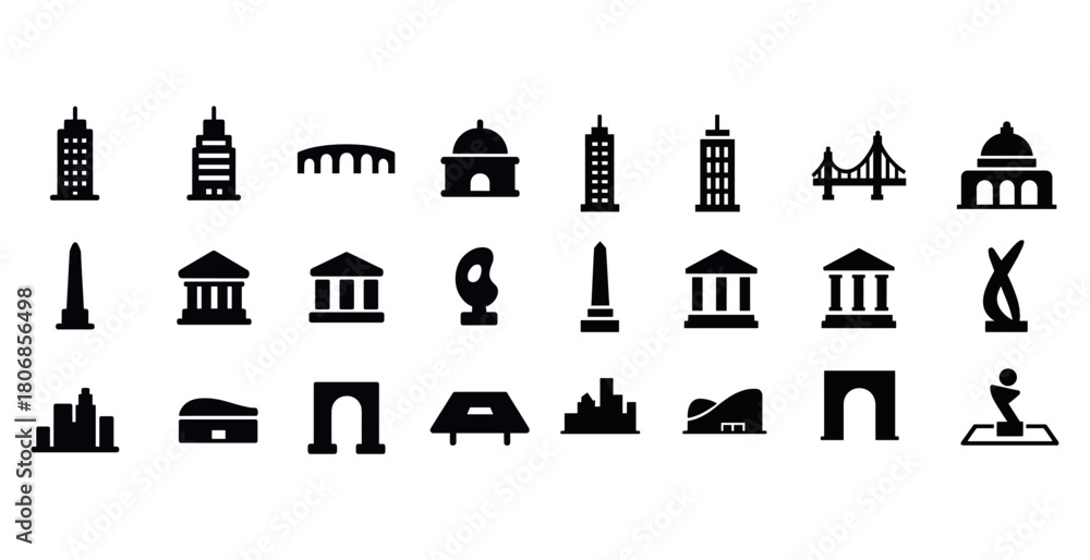 Naklejka premium Black silhouette collection of famous architectural landmarks an