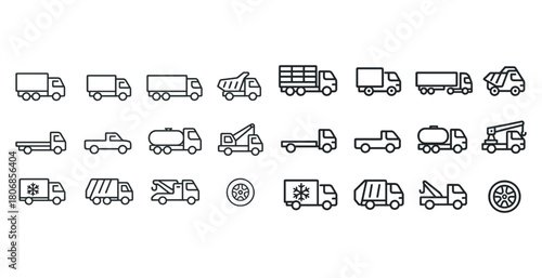 Line icons of various trucks and utility vehicles in simple styl