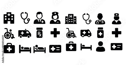 Collection of medical and healthcare icons including hospital, d
