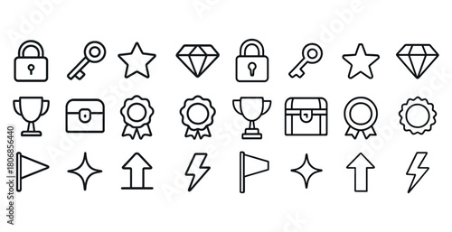 Set of black and white icon designs featuring keys, locks, stars