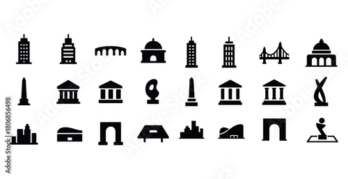 Black silhouette collection of famous architectural landmarks an
