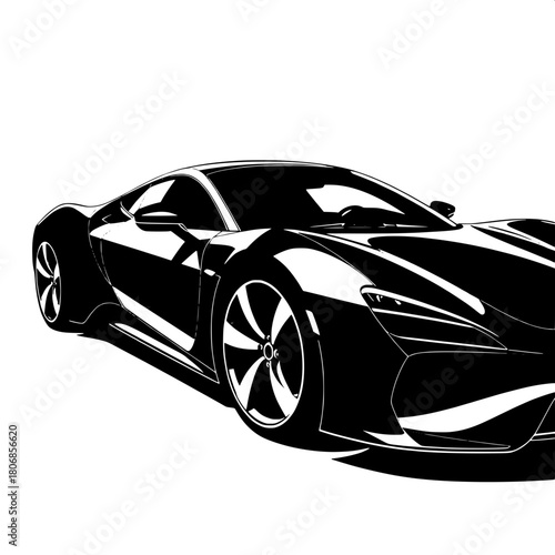 “Sleek electric supercar rendered in monochrome vector style, positioned dynamically at a slight left tilt, bold black body with thin white outline details, low viewpoint enhancing power, concentric-r