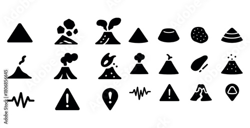 Volcano and earthquake icon set: eruption, seismic activity, war