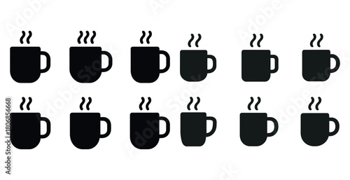Silhouettes of steaming coffee mugs in rows on white background