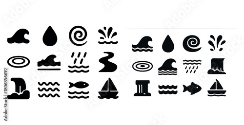 Collection of water symbols and icons including waves, fish, and
