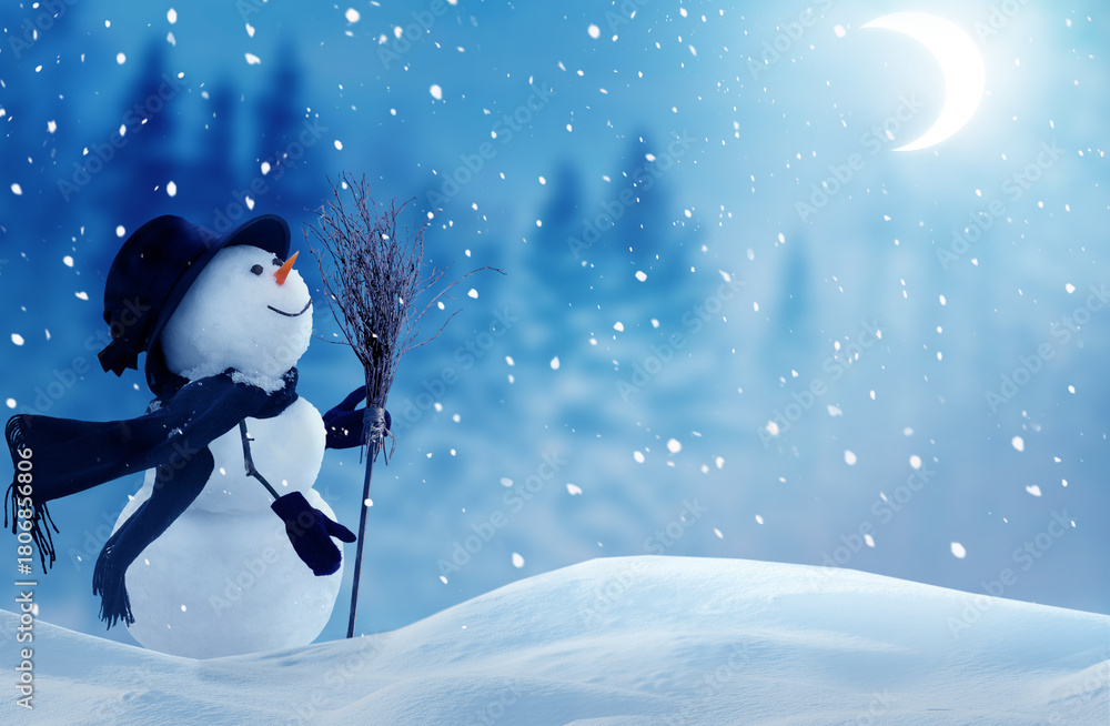 Obraz premium Cute smiling snowman with red scarf and hat with a broom in his hand. Winter fairytale.Merry christmas and happy new year greeting card with copy-space