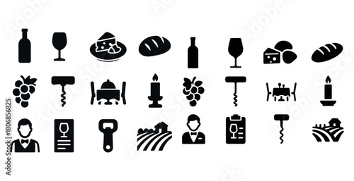 Wine and dining icons: glass, bottle, cheese, grapes, bread, can
