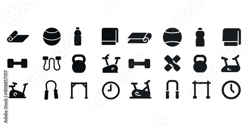 Fitness equipment icons: weights, exercise bike, yoga mat, water