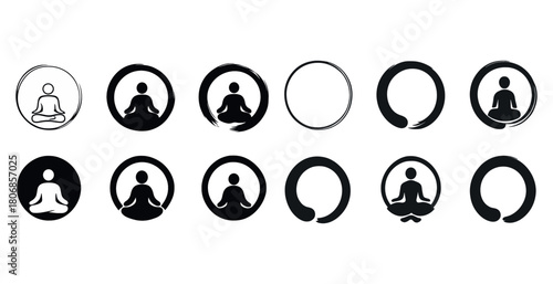 Set of zen meditation and enso circle icons with sitting figures