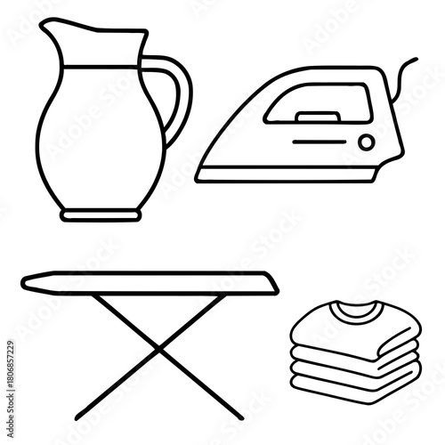 Outline icons depict a set of household items on a white background. A pitcher with a curved handle
