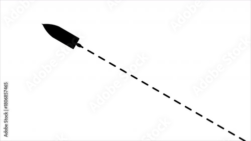 speedboat with dash line path straight left up animation on white background. 4k video dashed line path route animation