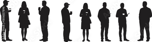 Silhouette group of people holding drinks and phones, casual networking event, social gathering, lifestyle concept, communication, modern interaction illustration