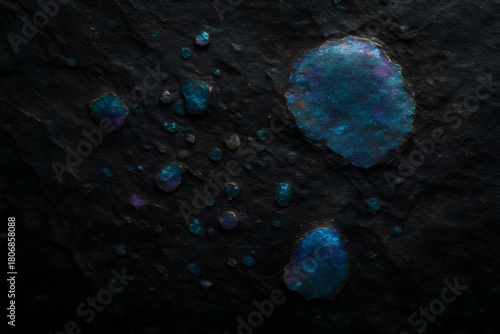 Irisierende Tropfen auf strukturierter schwarzer Oberfläche