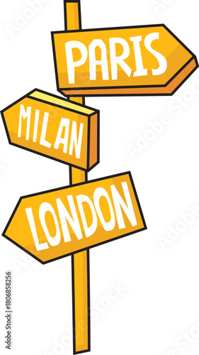 signpost with directional arrows pointing to three major cities cartoon style vector illustration