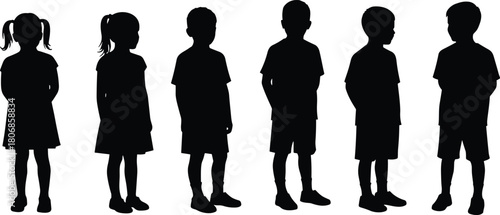 Silhouette of children standing in row, kids group illustration, childhood posture study, body language, youth silhouettes, educational design elements
