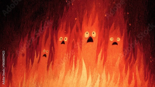 Stylized Cartoon Fire Spirits with Surprised Faces Illustration