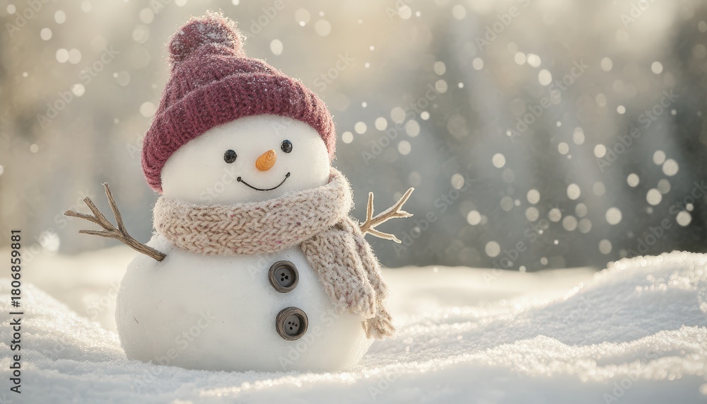 Fototapeta premium Adorable, smiling figure constructed from snow wears winter knitwear outside in bright light