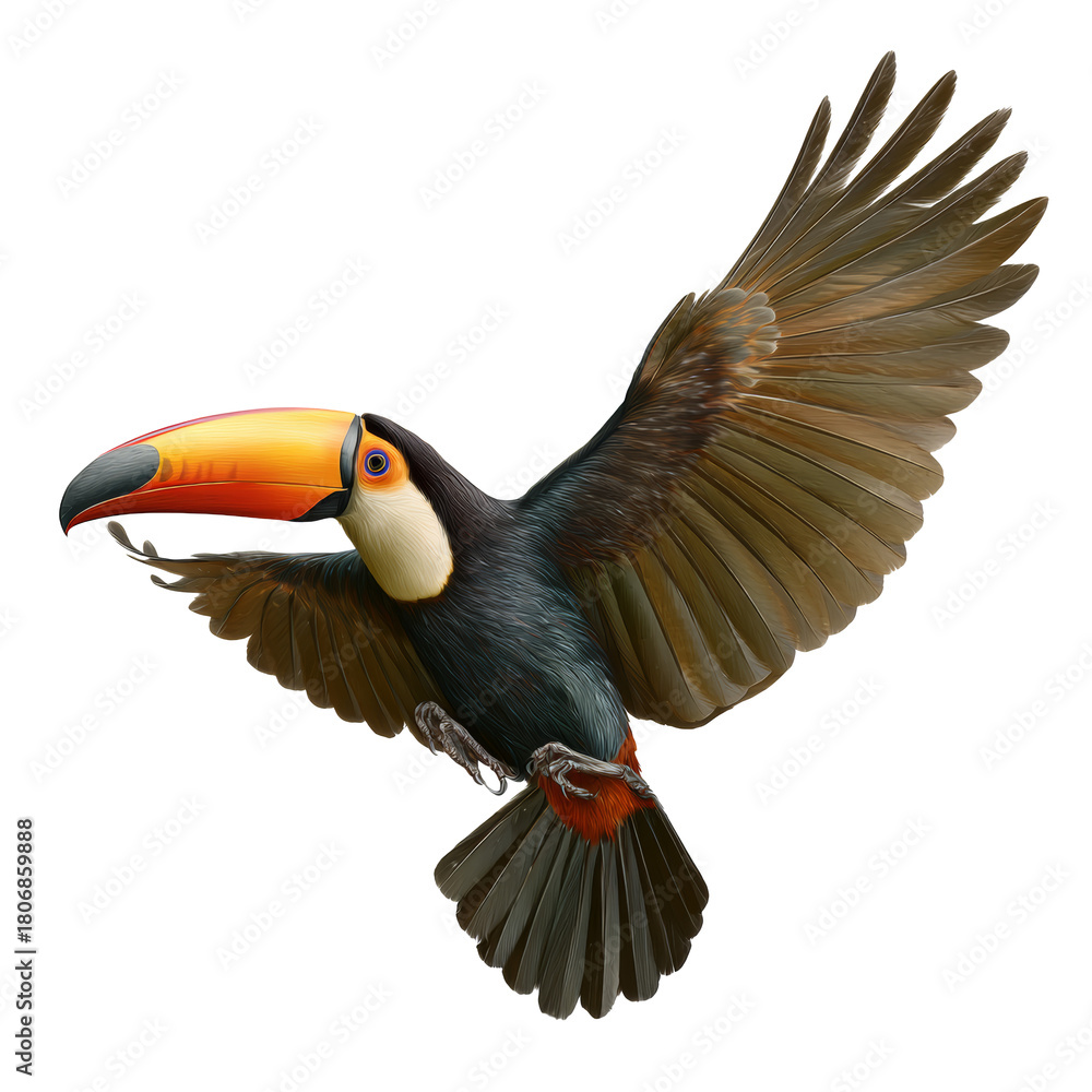 Obraz premium Toucan bird flying with spreading wings on transparent background