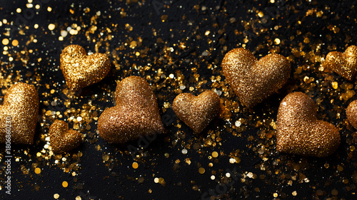 Black and gold Valentine’s Day banner featuring shimmering golden heart shapes surrounded by sparkling glitter dust. This luxurious, elegant background for romantic promotions, holiday sales.