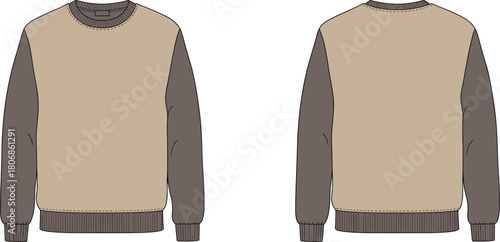 Two tone crewneck sweatshirt flat sketch, long sleeve casual apparel design, ribbed cuffs waistband fashion template, clothing illustration garment technical drawing