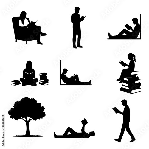 A minimalist vector set of 9 black silhouettes of people reading: sitting, standing, lying, with books, and outdoors. Ideal for education, library, and literacy themes.