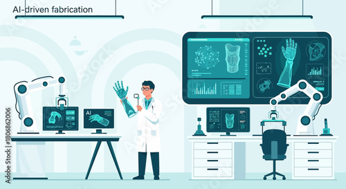 Advanced prosthetics fabrication using AI-driven robotics in a modern laboratory setting